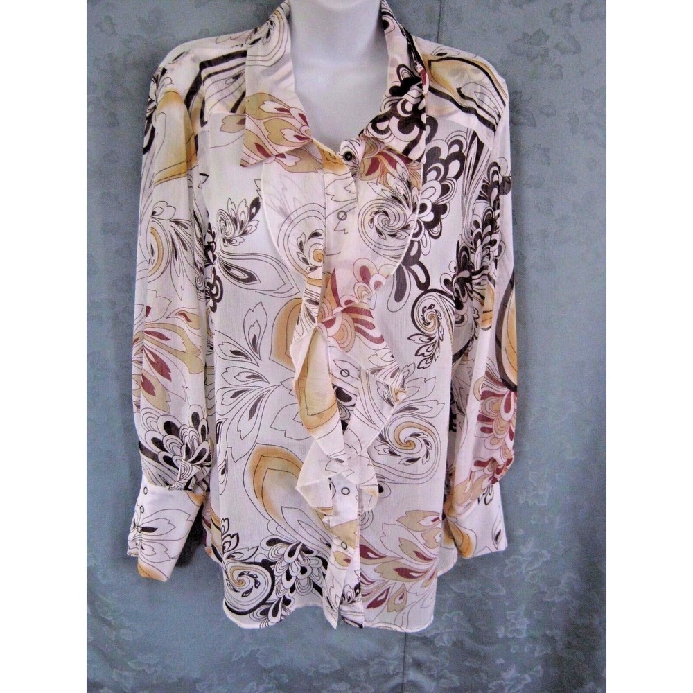 Essentials by ABS Sheer Blouse Size 12 Ruffled Front Print Top